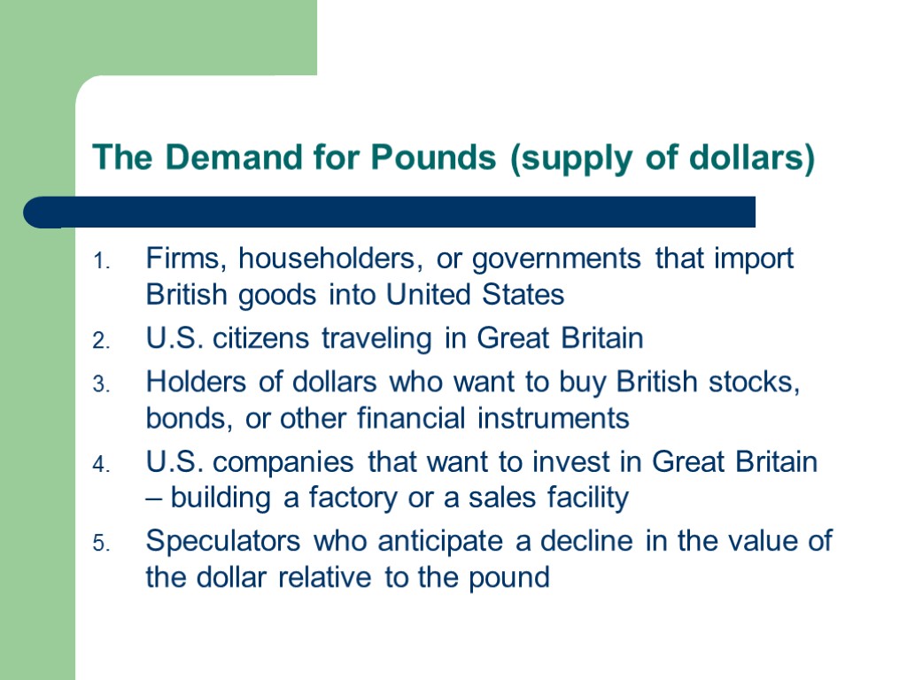 The Demand for Pounds (supply of dollars) Firms, householders, or governments that import British